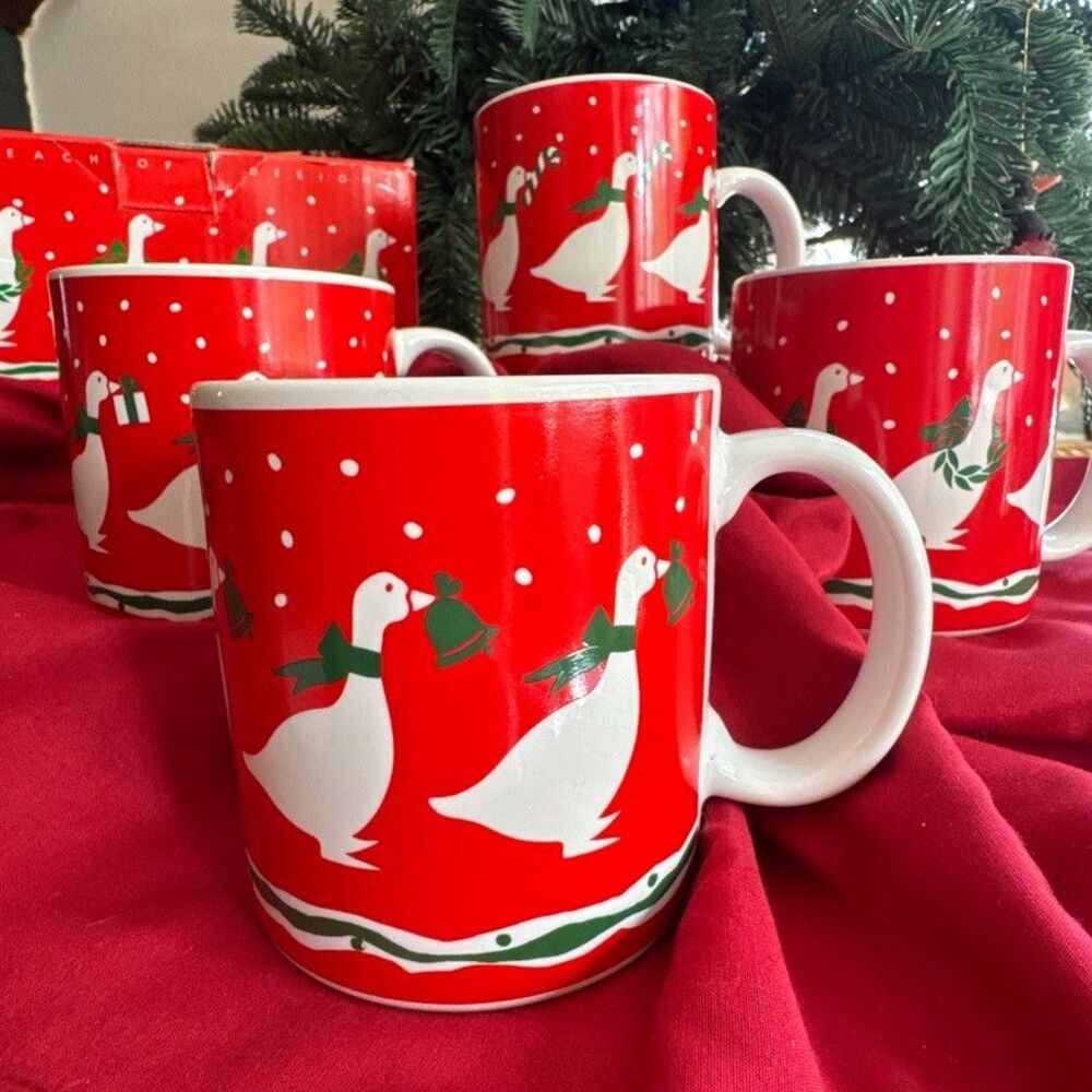 Christmas Goose Coffee Mugs Set of 4 in box Boundary Waters Japan Vtg Box 1987